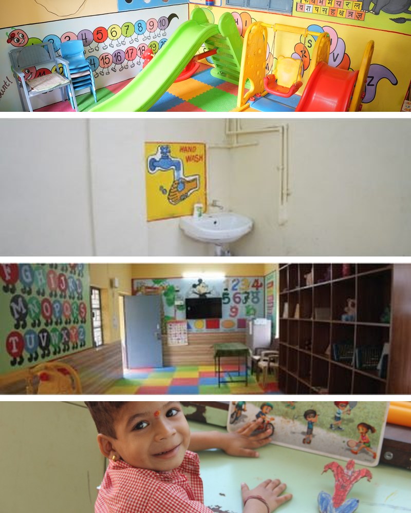 A model anganwadi: indoor play area, handwashing station, learning room, and a child at play