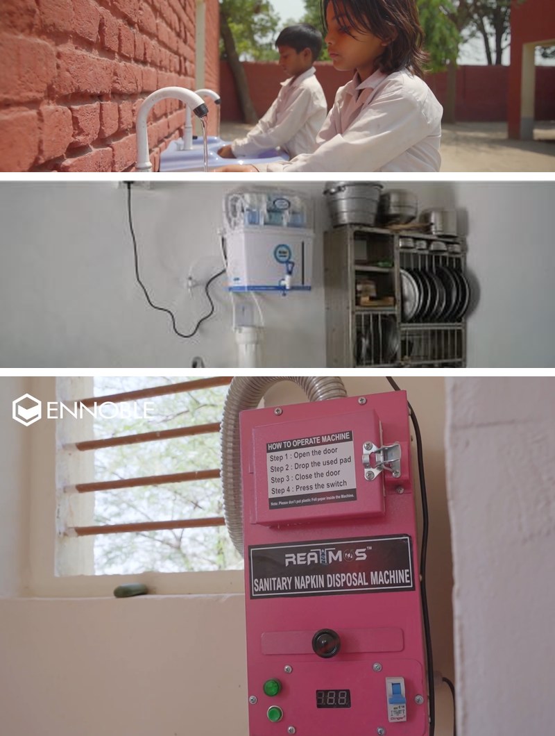 Children washing hands at outdoor taps, a school water purifier, and a sanitary napkin disposal unit